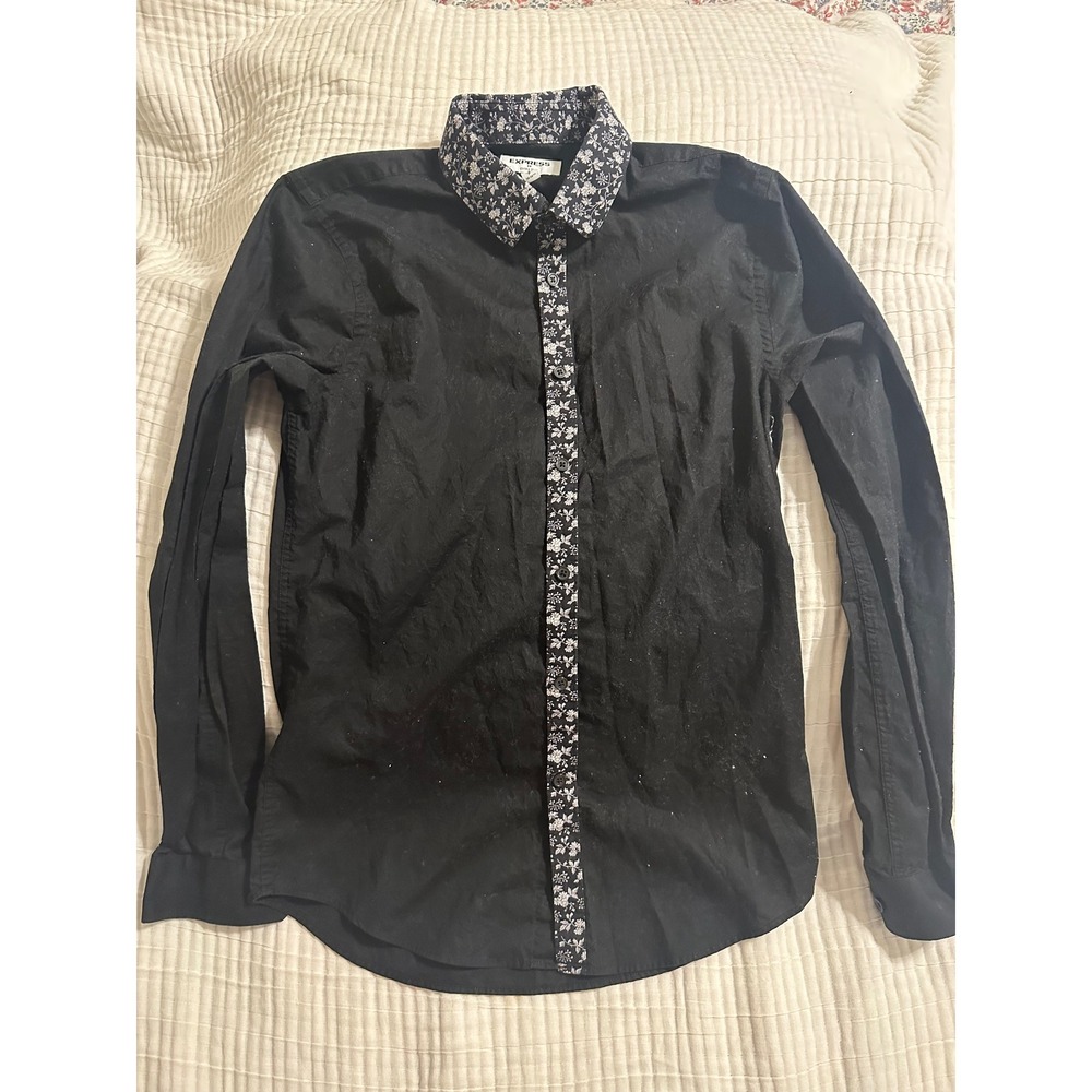 Express Mens Extra Slim Fit Floral Contrast Collar Button Down Shirt Black Small